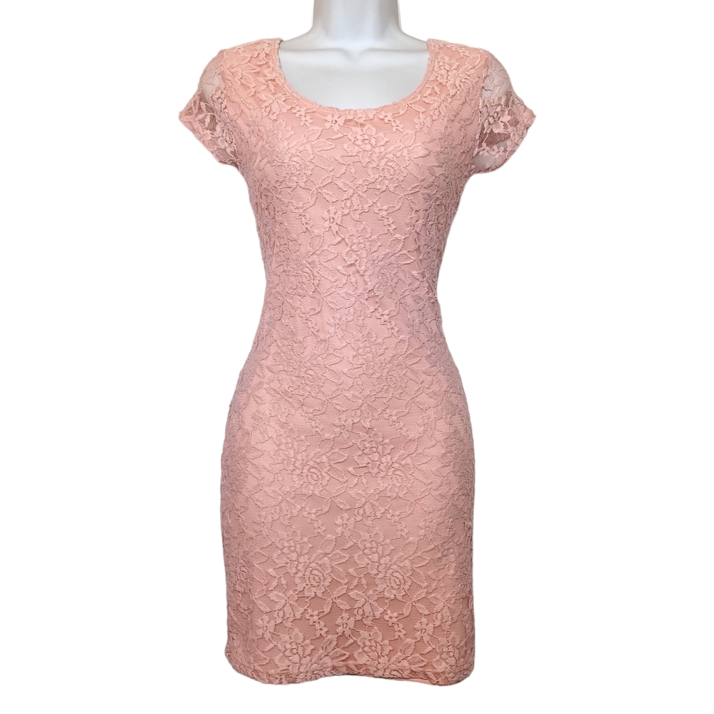 TMG NEW YORK Light Pink Floral Lace Criss Cross Short Sleeve Mini Dress Medium
